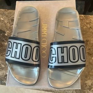 Like new Jimmy Choo silver/black metallic Logo Slides size 38 (8)